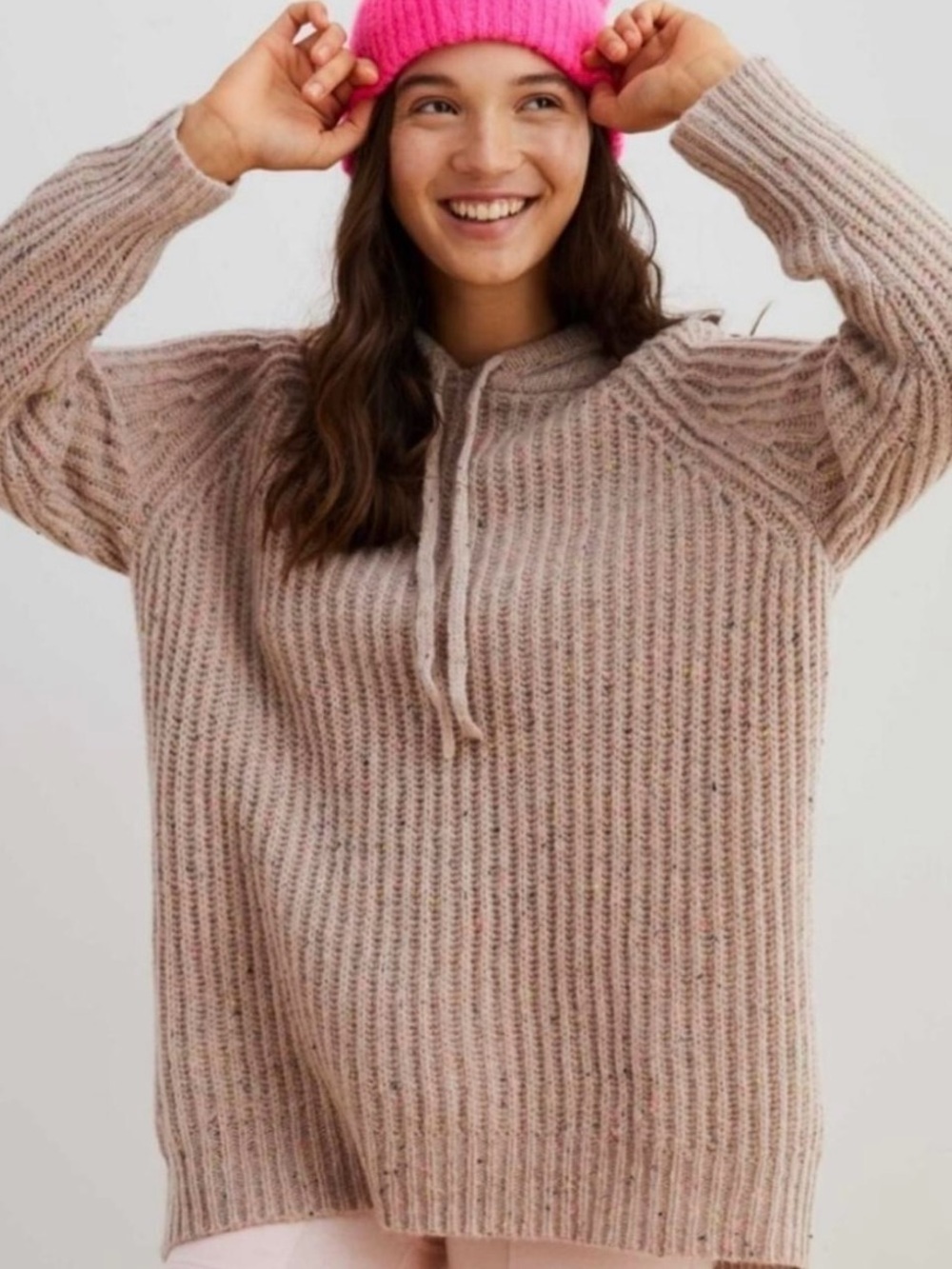 Aerie Hit The Road Wool Blend Rust Chunky Boxy Knit Hooded Oversized Pullover